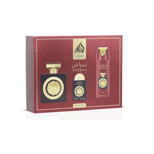 Lattafa Nebras Unisex – 3-Piece Gift Set (EDP + Travel + Perfumed Spray)